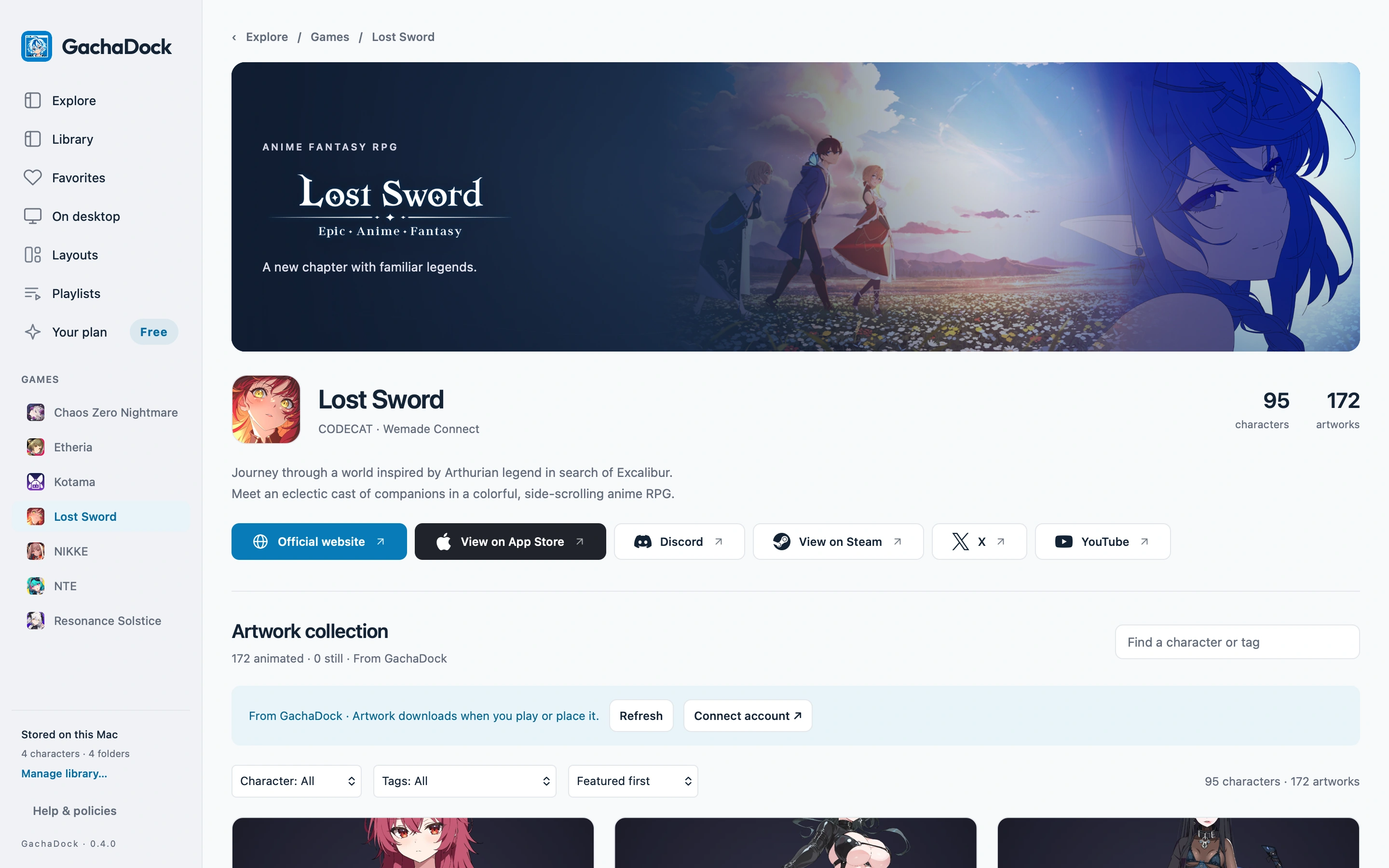 The Lost Sword game profile and artwork library in GachaDock for Mac