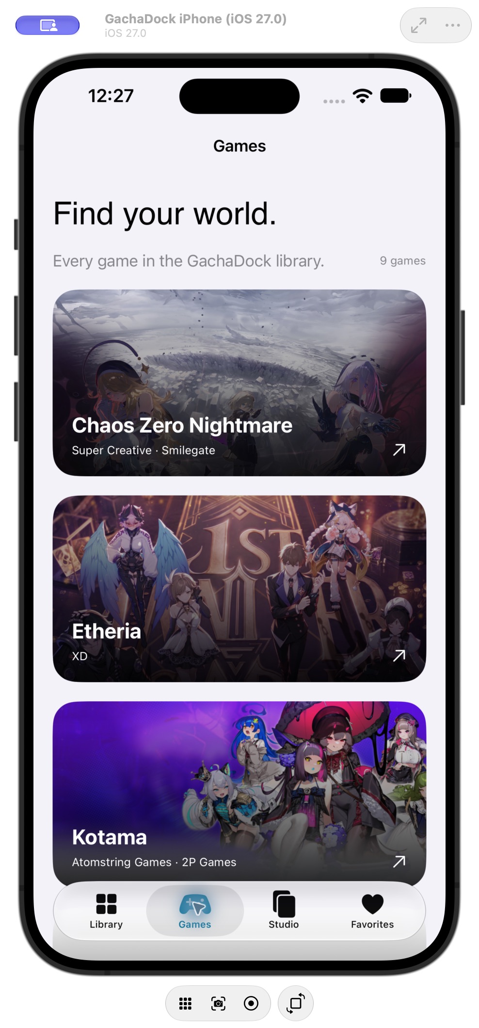 The iPhone beta’s Games screen with Chaos Zero Nightmare, Etheria, and Kotama