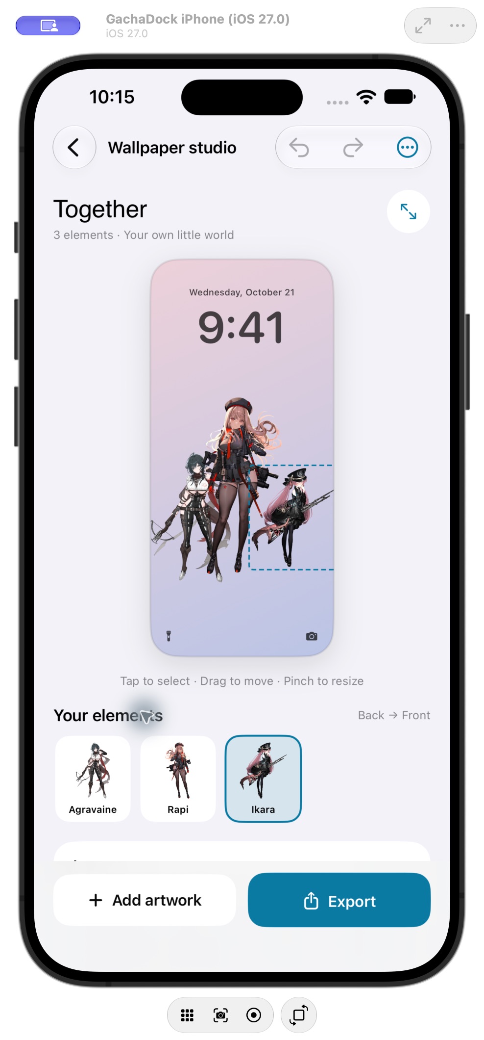Wallpaper Studio in the GachaDock iPhone beta arranging several characters